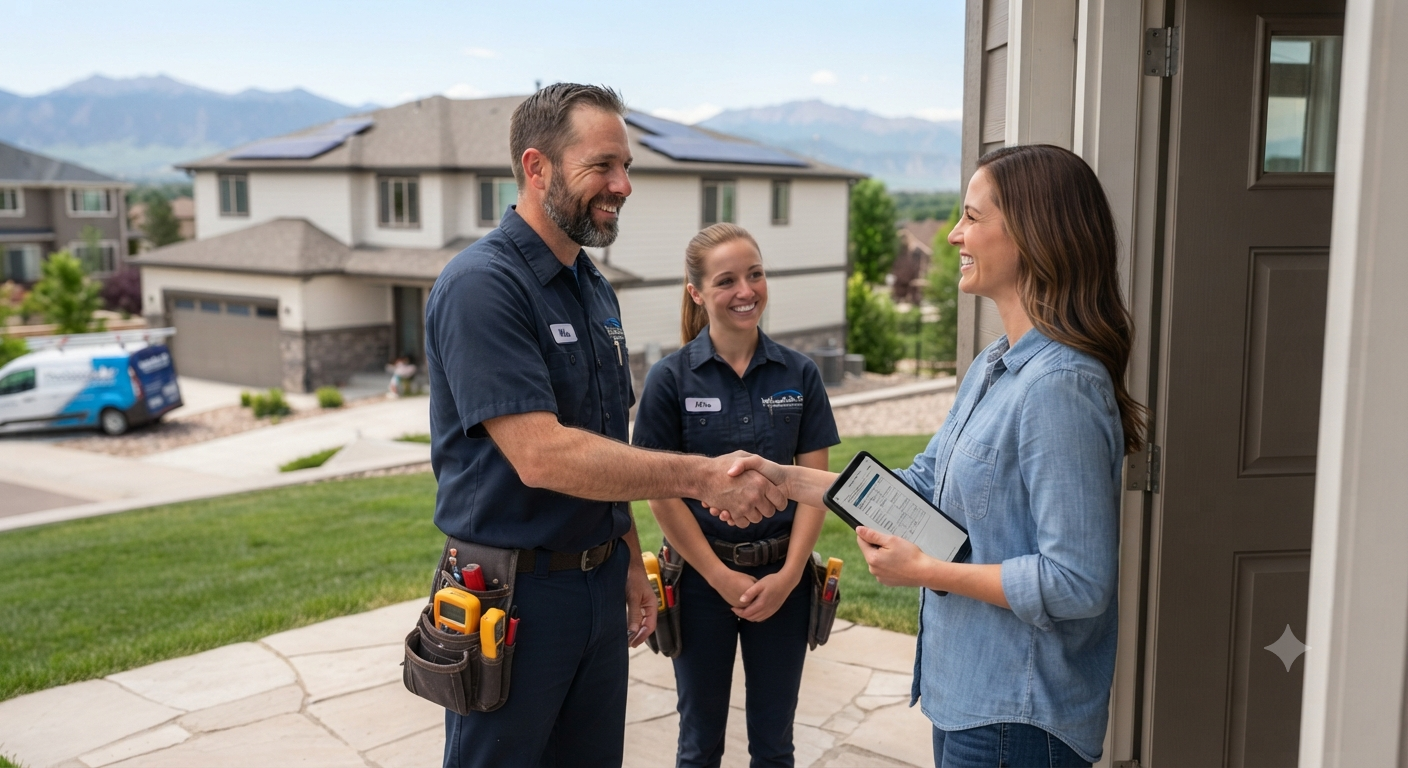 Summit HVAC technician with a homeowner